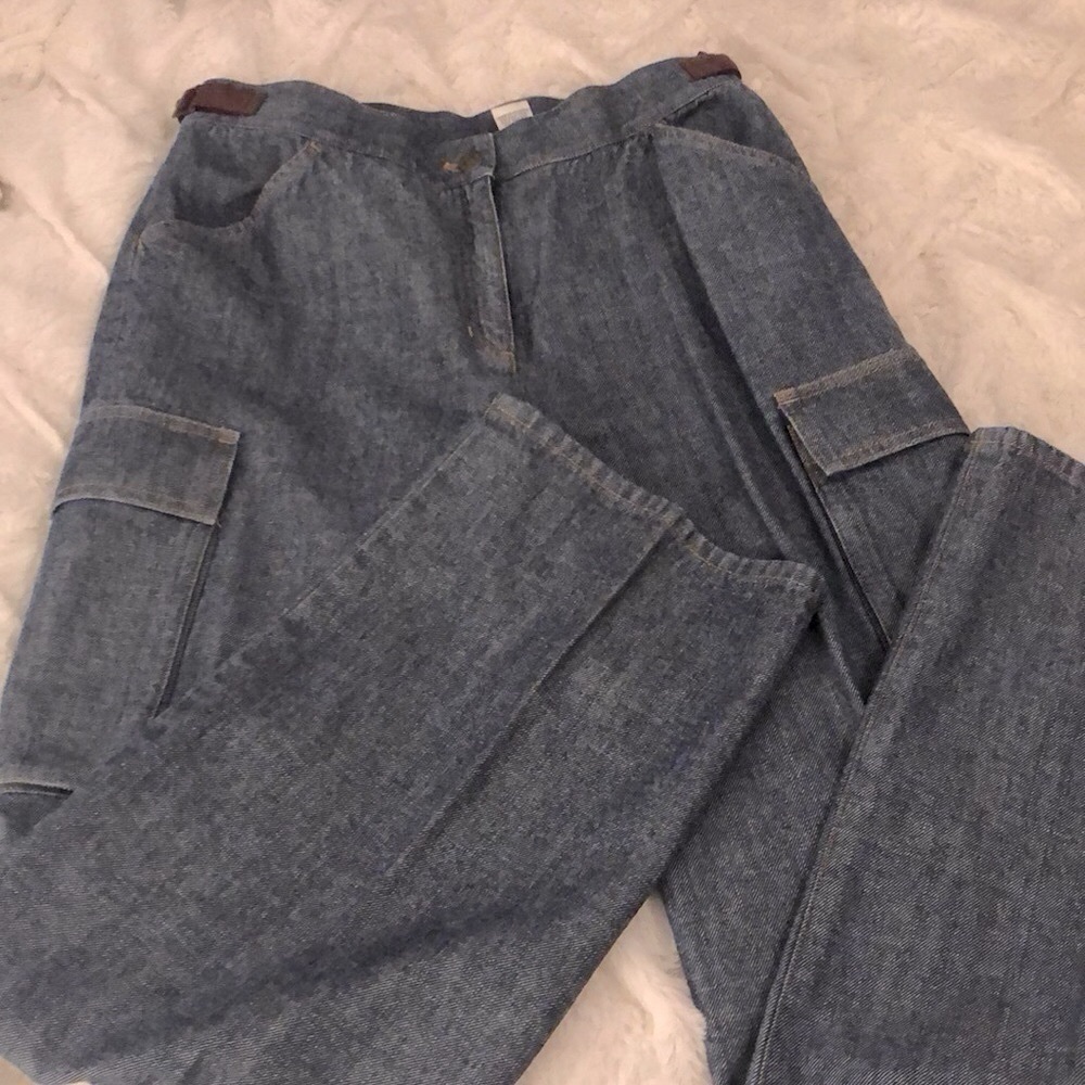 JONES WEAR SPORT VINTAGE CHAMBRAY CARGO STYLE WIDE LEG BAGGY JEANS BLUE SIZE 12